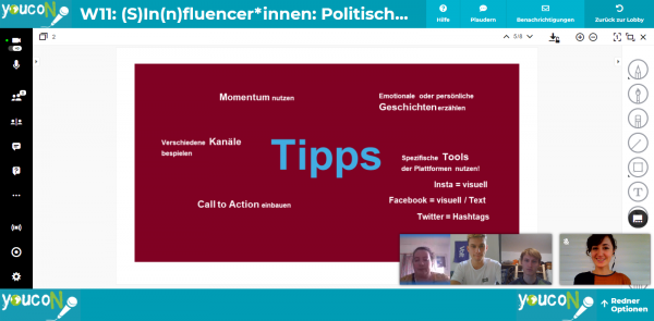 Screenshot eines Videoanrufs, in dem eine Präsentation gezeigt wird mit verschiedenen Tipps für Sinnfluencer:innen